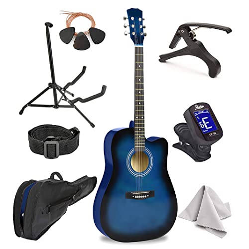 Master-play Beginner Full Size 41” Wood Cutaway All String Acoustic Guitar, With Bonus Accessories Kit, Case, Strap, Capo, Extra Strings, Picks, Tuner, Wash Cloth, Stand (Blueburst)