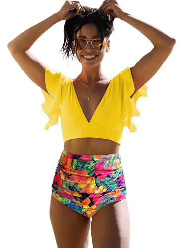 SPORLIKE Women Ruffle High Waist Swimsuit Two Pieces Push Up Tropical Print Bikini (Floral/Yellow 3,X-Large)