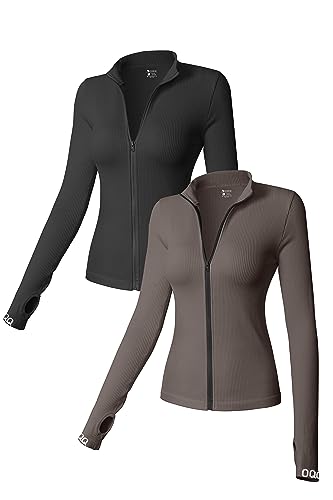 OQQ Womens 2 Piece Long Sleeve Tops Stand Neck Front Zipped Stretch Fitted Underscrubs Tee Shirts Tops Black Tea Leaf