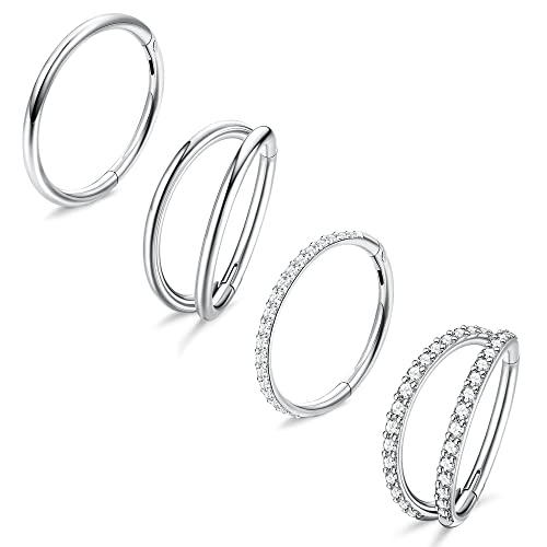 Dochais 4PCS 18G Nose Rings Hoops, Surgical Steel Earrings Tragus Septum Piercing CZ Clicker Septum Ring Hinged Segment Septum Conch Lip Cartilage Double Hoops 8mm 10mm For Women Men(A-Silver-18G,8mm)