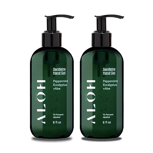 ALŌH Sanitizing Hand Gel 2-pack | Peppermint Eucalyptus + Aloe | 70% Alcohol Hydrating Hand Sanitizer Gel with Essential Oil, for Kids & Adults | 8oz Bottle (Set of 2)