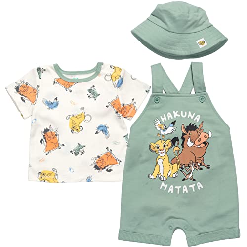 Disney Lion King Simba Timon Pumbaa Infant Baby Boys French Terry Short Overalls T-Shirt & Hat 3 Piece Outfit Set 18 Months