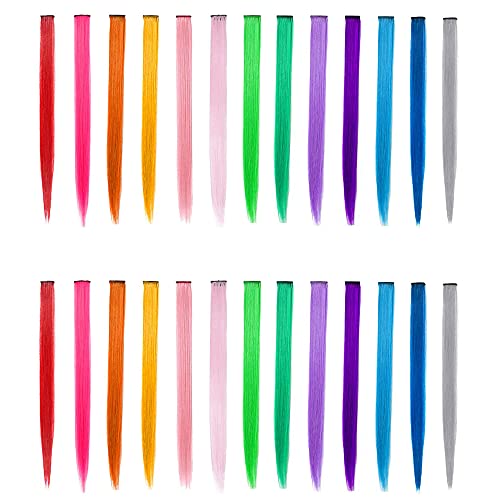 26 PCS Colored Hair Extensions, SOYZMYX Multi-Color Party Highlights Clip in Synthetic Hair Extensions, 22 inch Colorful Straight Hairpieces for Girls Women Kids Hairpieces in Halloween (13 Color)