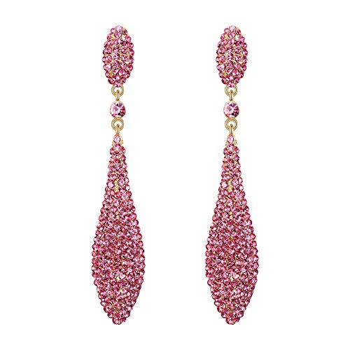 EVER FAITH Women's Austrian Crystal Double Waterdrop Bridal Pierced Dangle Earrings Pink Gold-Tone