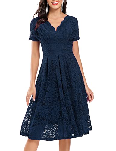 SEBOWEL Women Floral Lace V Neck Short Sleeve Formal Dress Swing A-Line Wedding Bridesmaid Cocktail Party Midi Dresses, Navy Blue, XL