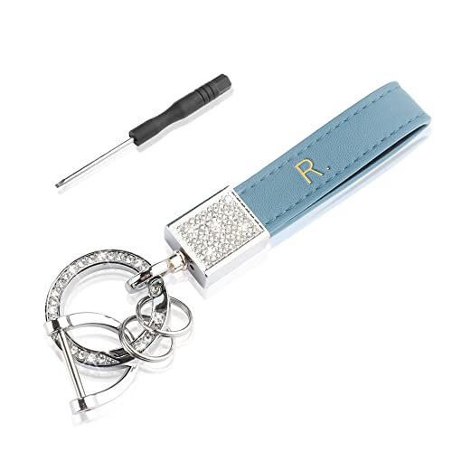 Leather Keychain Bling Keychain for Women Anti-Lost D-Ring Car Keychain Fashion Rhinestone Purse Charms for Handbags (Blue)
