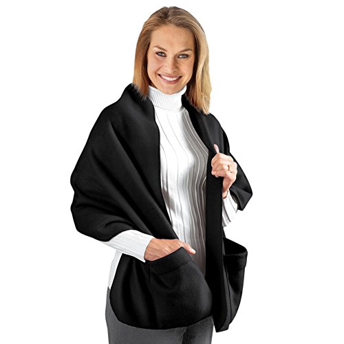 Collections Fleece Wrap Shawl With Pockets, Black ,66'L
