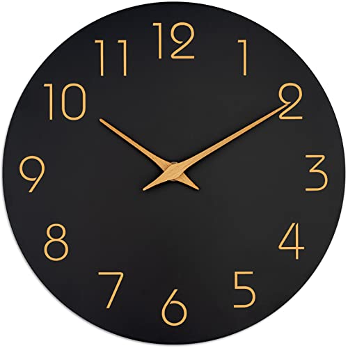 Mosewa Wall Clock 16 Inch Black Wall Clocks Battery Operated Silent Non-Ticking - Simple Minimalist Rose Gold Numbers Clock Decorative for Bedroom,Living Room, Kitchen,Home,Office(16' Black)