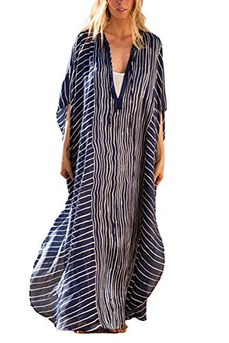 Blue Leaf Wave Neck Swimsuit Cover Up Caftan Dress Plus Size Oversized Kaftan Dresses batwing sleeve Long Beach Dress Maxi Length Vibrant Colors mumu Dresses 80 s dresses 8772-30 Pang