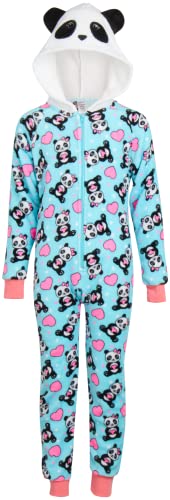 Sleep & Co Girls Sleepwear ? Plush Fleece One-Piece Pajamas with Character Animal Hood (Petite Blue Pandas, 14-16)