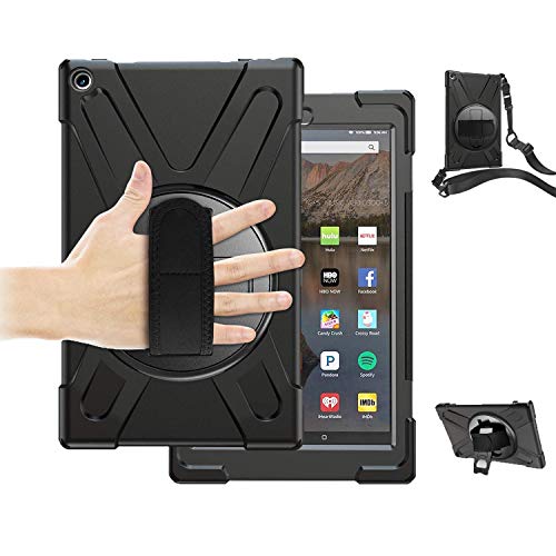 Fire HD 10 Case (2019/2018/2017 Release), Three Layer Heavy Duty Shockproof Rugged Protective High Impact Cover Case W/ Stand Hand Strap & Shoulder Strap for Amazon Kindle Fire HD 10.1 Inch Tablet - Black