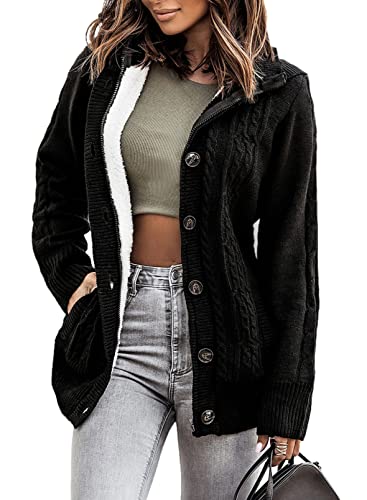 Sidefeel Women's Cardigan Hooded Fleece Lined Jackets Winter Cable Knit Sweater Coat Medium Black