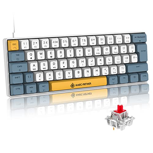 Mini Mechanical Gaming Keyboard Type-c Wired with PBT Dye-subbed Keycaps Rainbow RGB Backlit 60%Layout Full Anti-Ghosting 62Key Ergonomic for Typist Laptop PC Mac Gamer (Gray+Yellow+White/Red Switch)