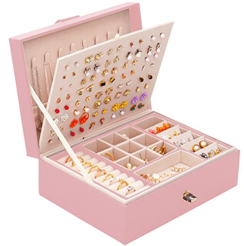 QBestry Stud Earring Organizer for Girls Jewelry Organizer Box Earring Box for Girls Jewelry Box for Stud Earrings Storage Organizer teens Jewelry Boxes for Women Earrings Holder Organizer Box Pink