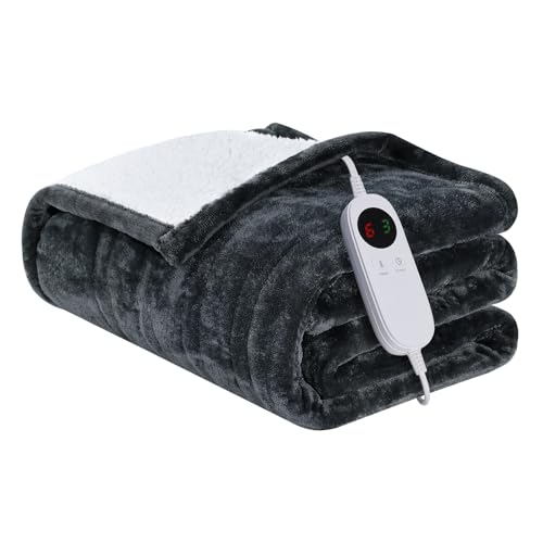 HYLEORY Heated Blanket Sherpa Electric Throw Blanket for Winter,6 Heat Settings Heating Blanket with 9hrs Timer Auto Shut Off,Home Couch,Machine Washable,50'x 60' Dark Grey