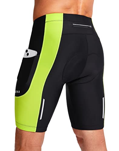 Bike Shorts for Men 3D Padded Bicycle Cycling Underwear Road Biking Biker Mountain Riding Cycle UPF 50+ Shorts Zipper Pockets（Black/Green Large)