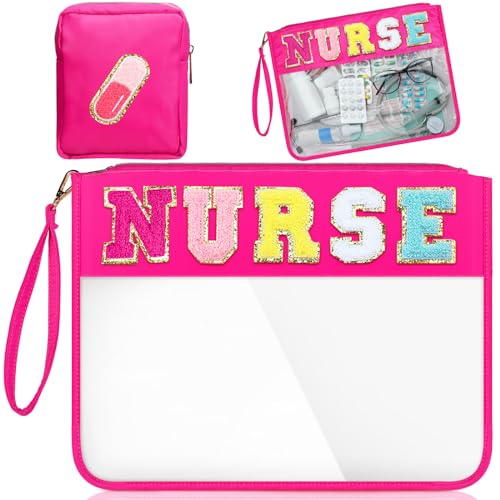 Hillban 2 Pcs Nurse Gifts Chenille Letter Bags Nurse Makeup Bag Nurse Survival Kit Bag Clear Cosmetic Toiletry Pouch Waterproof Travel Purse Portable Storage Organizer for Women Girls