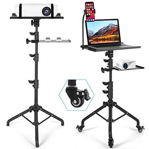 Tossbiss Projector Stand with Wheels, Laptop Tripod Stand with Phone Holder, Rolling Laptop Tripod with Mouse Tray, Adjustable & Portable Tripod for Sheet Music, DJ