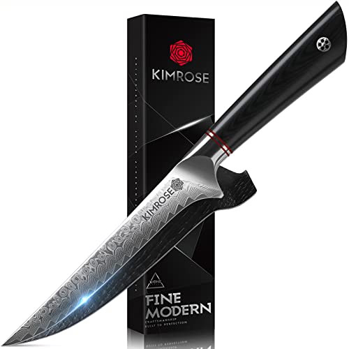 KIMROSE Damascus Boning Knife - 6 inch - 67 Layers 10Cr15CoMoV Alloy Steel - Black G10 Handle, Razor Sharp Kitchen Fillet Knife, Meat Cutting, Trimming, Wooden Magnetic Sheath, Luxury Gift Box