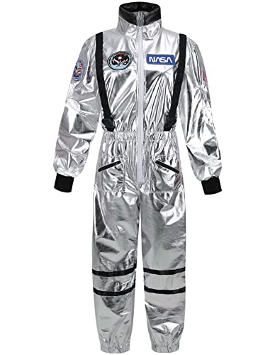 GRAJTCIN Women's Astronaut Costume Silver Spaceman Suit Mens Pilot Jumpsuit Halloween Costumes Alien Outfit for Adult (S, Silver)