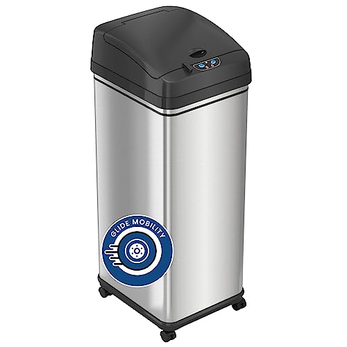 iTouchless Rolling 13 Gallon Sensor Trash Can with Wheels and Odor Control System, Stainless Steel, Automatic Kitchen Bin and Office Garbage, Batteries (not included) or AC Adapter (sold separately)