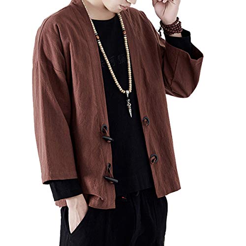 PRIJOUHE Men's Kimono Jackets Cardigan Lightweight Casual Cotton Blends Linen Seven Sleeves Open Front Coat Outwear, E-brown, Medium