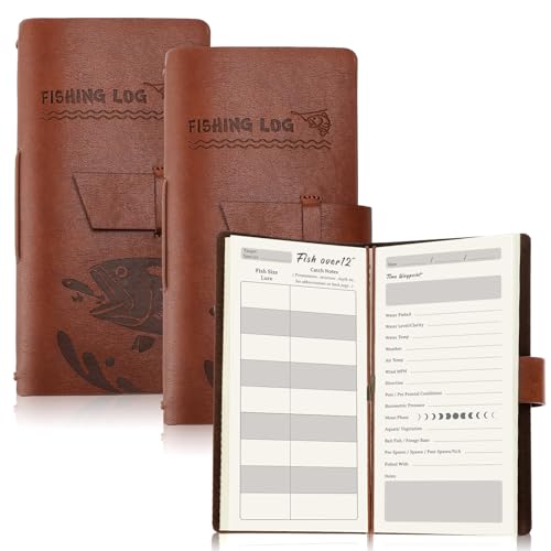 Fulmoon 2 Pcs Leather Fishing Log Book Brown Fishing Journal with Template Lined Notebook for Fishermen to Record Fishing Trip Date Weather Christmas Birthday Gifts for Men