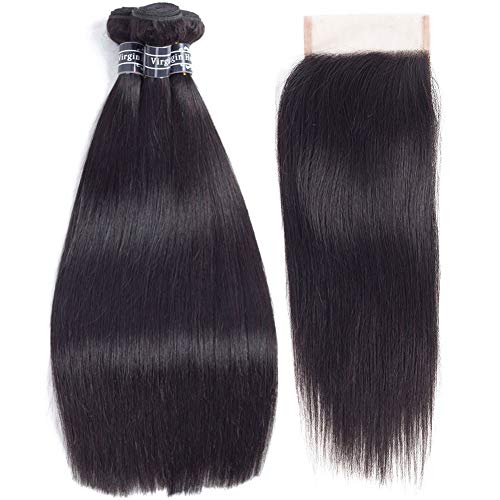 Amella Hair Brazilian Virgin Hair Straight 3 Bundles with Closure 4x4 Free Part Human Hair Bundles with Closure Natural Black Color(16' 18' 20'+16'Closure)