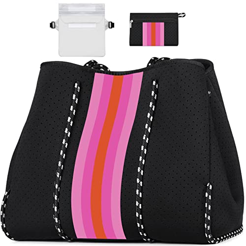 IBFUN Neoprene Bag, Large Multipurpose Beach Bag Upgraded Neoprene Tote Bag with Inner Zipper Pocket for Women/Beach/Pool(Black Pink)