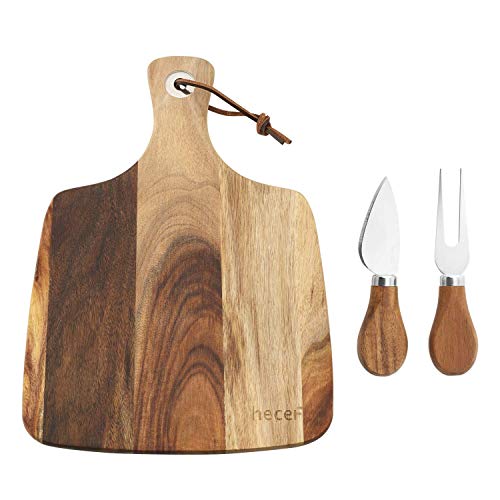 hecef Cheese Board set of 3,a Acacia Wood Cheese Plate & a Cheese Knife & a Cheese Fork, Cheese Platter Slate Board Cheese Serving Board, Mothers Day Gift, Housewarming(Cheese board with 2 knives)