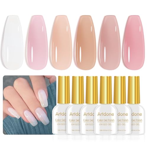 Artdone Sheer Gel Nail Polish Set Jelly UV Gel 6 Colors Translucent Milky White Pink Nude Brown Colors Nail Polish For All Seasons Neutral Soak off LED Lamp Gel Manicure Kit For holiday gift Nail Art