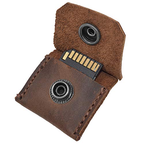 Hide & Drink, Squared Case for SD Card with Keyring, Rustic Keychain for Guitar Pick, Full Grain Leather, Handmade, Bourbon Brown