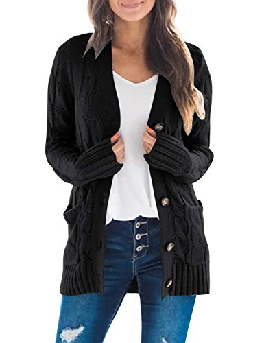 MEROKEETY Women's 2024 Fall Long Sleeve Cable Knit Sweater Open Front Cardigan Button Loose Outerwear Black