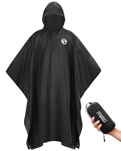 Foxelli Hooded Rain Poncho for Adults – Extra Long Reusable Waterproof Raincoat for Men and Women, Lightweight Rain Gear