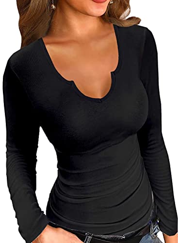 VICHYIE Womens Tops V Neck Sexy Fall Trendy Long Sleeve Casual Slim Fitted Knit Ribbed Tshirt Basic Top Blouses Shirt Tee Black L