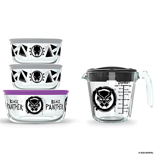 Pyrex Prep & Store 8-Pc Glass Food Storage Containers with (1) 2-Cup Measuring Cup with Lid, (2) 2-Cup Round Glass Storage with Lid and (1) 4-Cup Round Glass Storage with Lid, Marvel's Black Panther