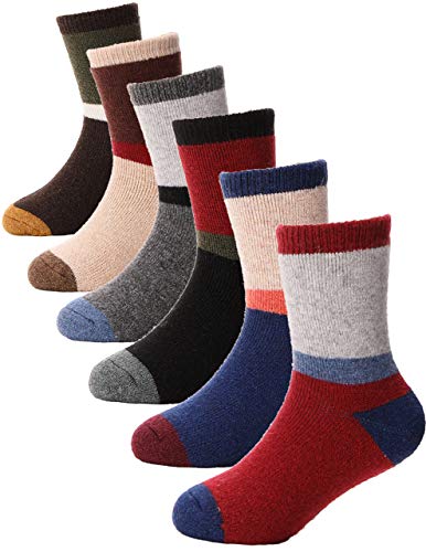 Wool Socks for Kids Toddlers Boys Girls Hiking Winter Warm Thick Thermal Heavy Boot Crew Cozy Cabin Gift Stocking Stuffer Striped Socks 6 Pack(Striped B,4-7 Y)