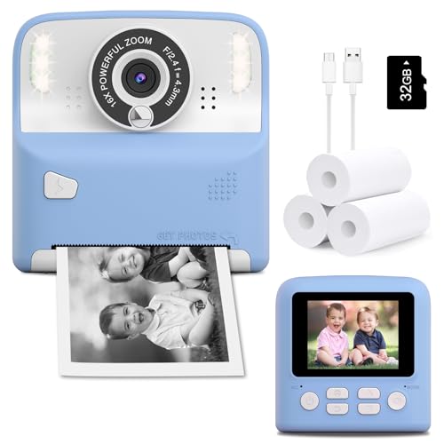 Amzelas Kids Camera Instant Print Photos Christmas Birthday Gifts for Boys Girls Age 3-12 HD Digital Video Cameras for Toddler Portable Toy for 3 4 5 6 7 8 9 Year Old Children with 32GB Card (Blue)