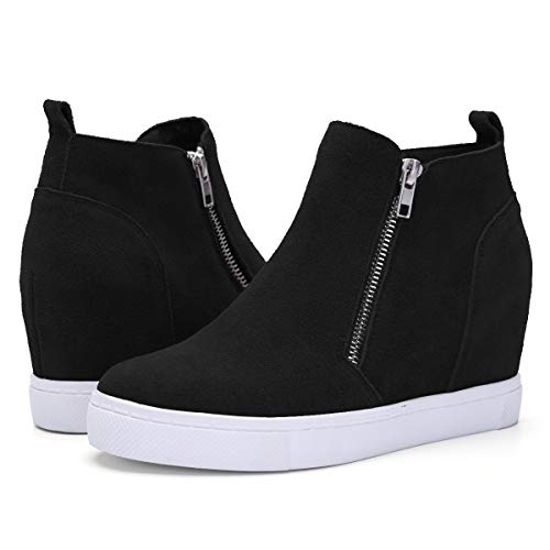 Athlefit Women's Hidden Wedge Sneakers Platform Booties Casual Shoes Wedgie Sneakers Size 7.5 Black