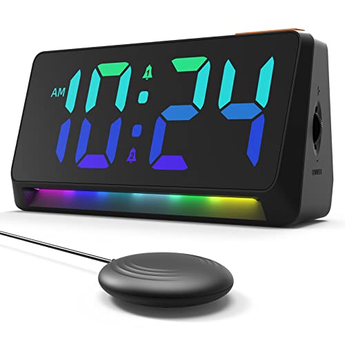 Super Loud Dual Alarm Clock with Ultrathin Bed Shaker, 99dB Loud Buzzer, Large RGB Rainbow Display, LED Night Light, USB Charger Port, Bedside Vibrating Alarm Clock for Heavy Sleepers, Adults, Bedroom