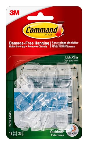Command Outdoor Light Clips, Damage Free Hanging Outdoor Light Clips with Adhesive Strips, No Tools Wall Clips for Hanging Outdoor Lights and Cables, 16 Clear Clips and 20 Command Strips (Pack of 4)