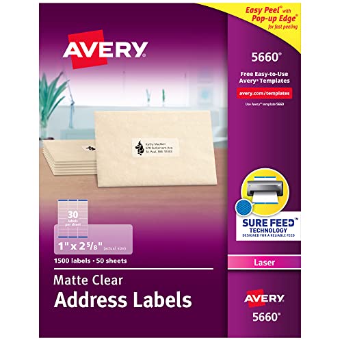 Avery Matte Frosted Clear Address Labels for Laser Printers, 1' x 2-5/8', 1,500 Labels (5660)