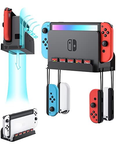 ZAONOOL Wall Mount for Nintendo Switch and Switch OLED, Metal Wall Mount Kit Shelf Accessories with 5 Game Card Holders and 4 Joy Con Hanger, Safely Store Switch Console Near or Behind TV, Black