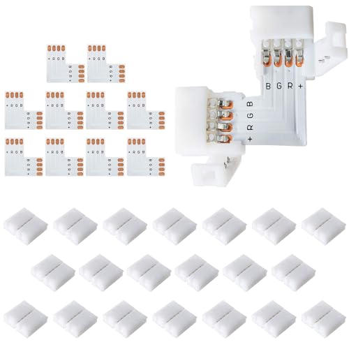 JACKYLED L Shape 4-Pin LED Connectors 10-Pack with 22Pcs Clips 10mm for Strip Lights