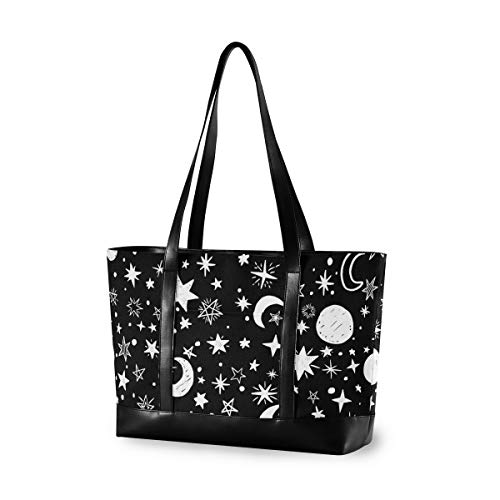 Moon And Stars Laptop Tote Bag,Fits 15.6 Inch Laptop,Womens Lightweight Canvas Leather Tote Bag Shoulder Bag