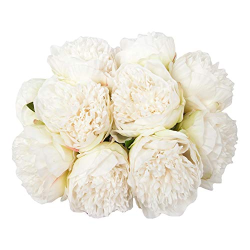 U'Artlines 2Bouquet 10Heads Artificial Peony Silk Flower Leaf Home Office Wedding Party Festival Bar Decor (Cream White)