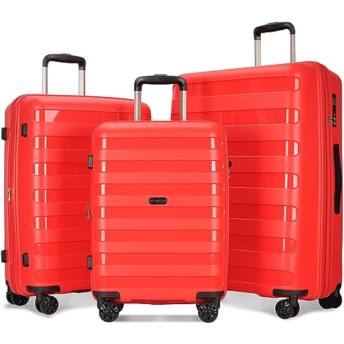 GinzaTravel 3-piece set red color luggage with scratch-resistant PP material, expandable(（all 20 24 28), Super light, thickened, large-capacity double seal suitcase