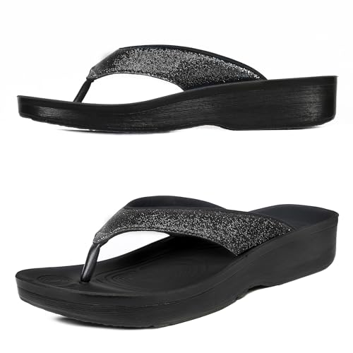 AEROTHOTIC Womens Slip On Lightweight Plantar Fasciitis Orthotic Flip Flops Comfortable Walking Outdoor Beach Ladies Arch Support Summer Thong Sandals (Crystal Black, size 10)
