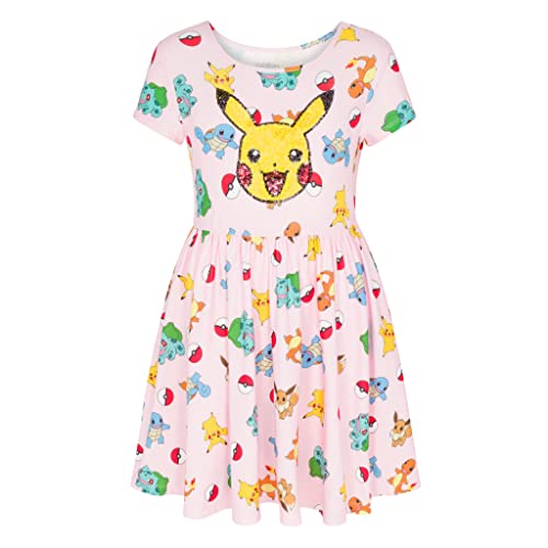 Pokemon Girl's Dress with Pikachu Sequins for Little and Big Girls 4-16, Pink, Medium