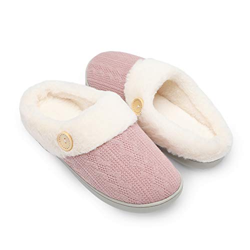 Chantomoo Womens Slipper Warm Comfy Memory Foam House Slippers Knitted Shoes Faux Fur Lined Anti-Skid Rubber Sole Bedroom Cozy Indoor Outdoor Slippers Pink Size 9 10 8.5